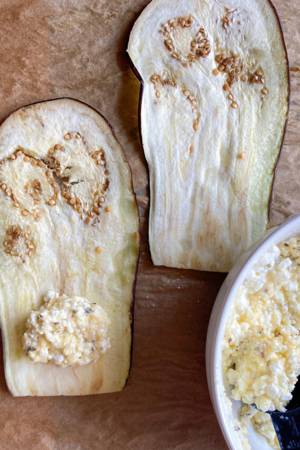 Eggplant on parchment paper.