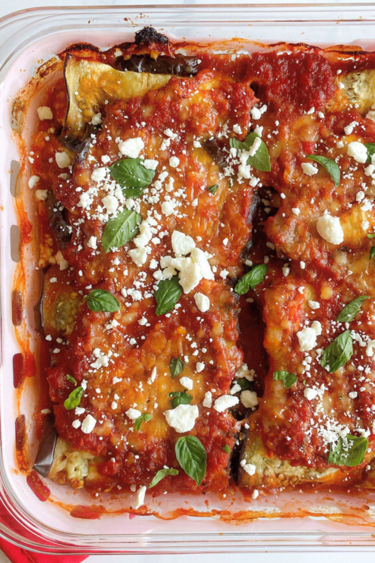 Eggplant rollatini in a baking dish.