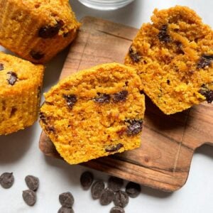 healthy pumpkin muffin cut open with chocolate chips