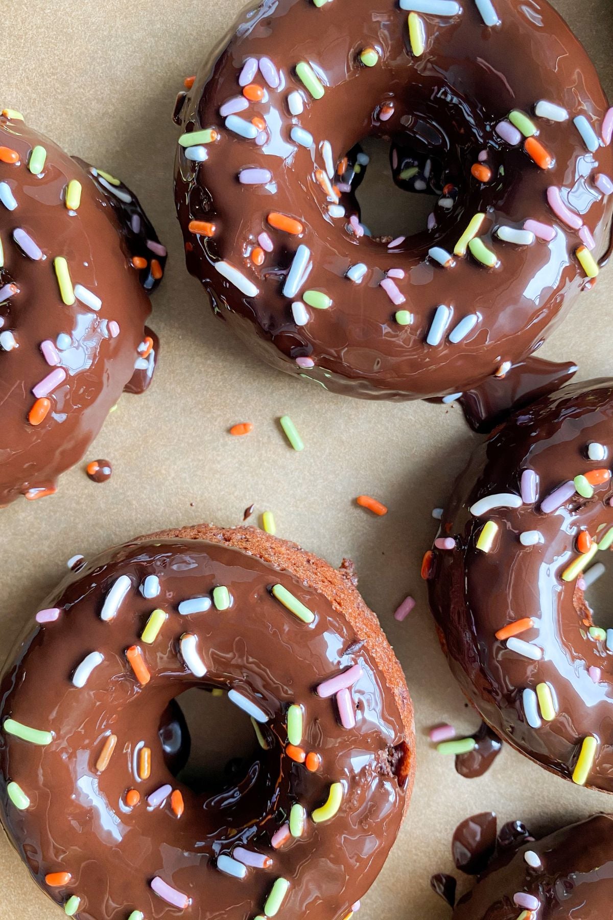 Baked Gluten Free Chocolate Donuts with sprinkles.