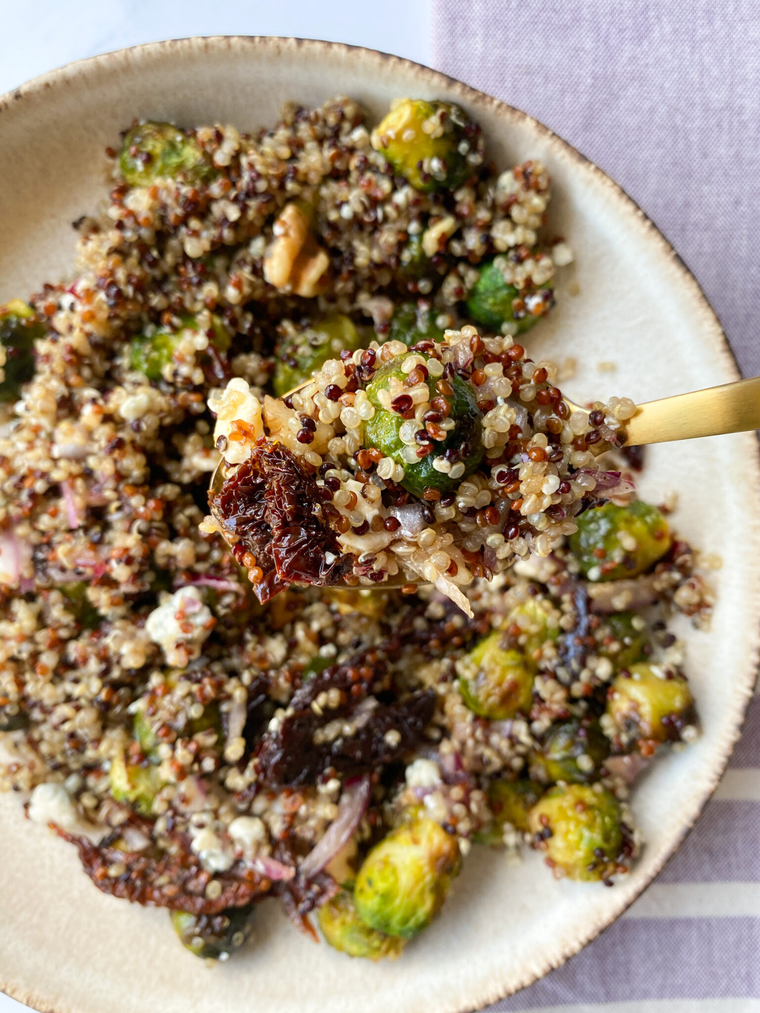 Easy Brussel Sprout Quinoa Salad with SunDried Tomatoes, Walnuts and