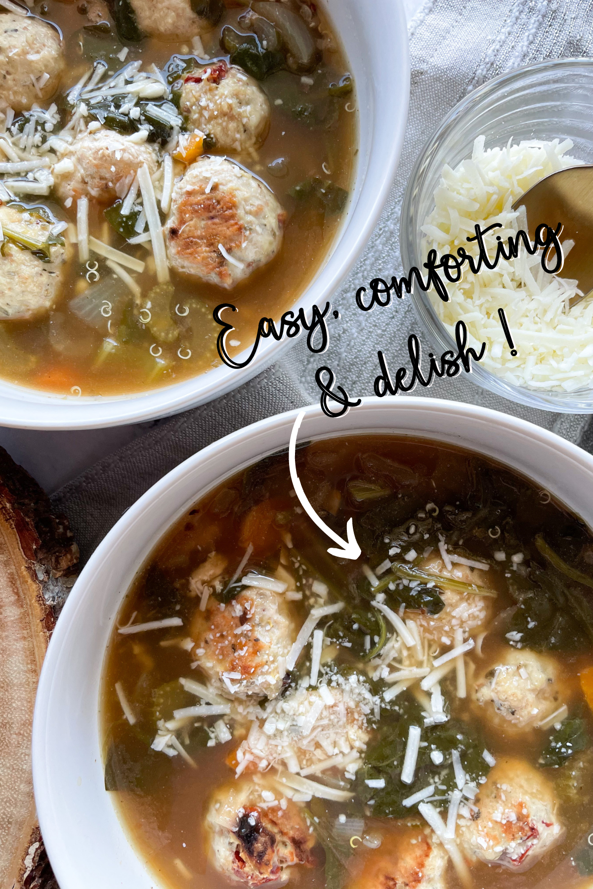 Healthy Italian Wedding Soup in 2 White Bowls with Text Overlay