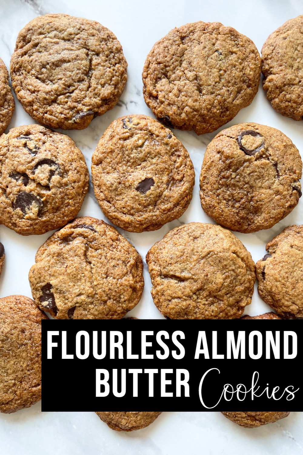 flourless almond butter cookies on white plate with text overlay