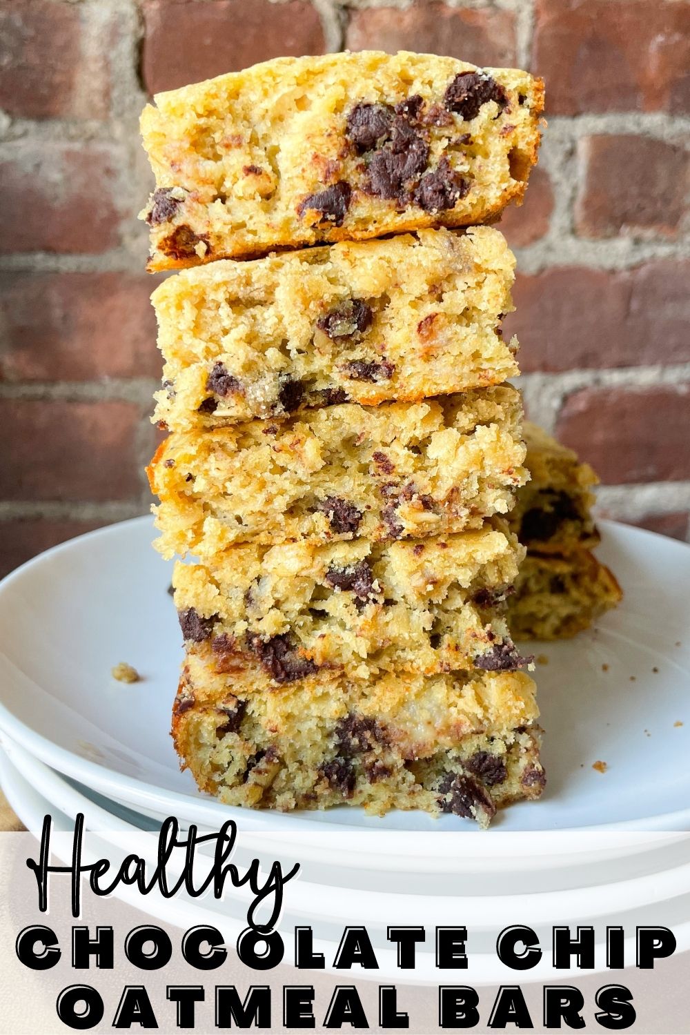 stacked oatmeal chocolate chip bars on plates with text overlay