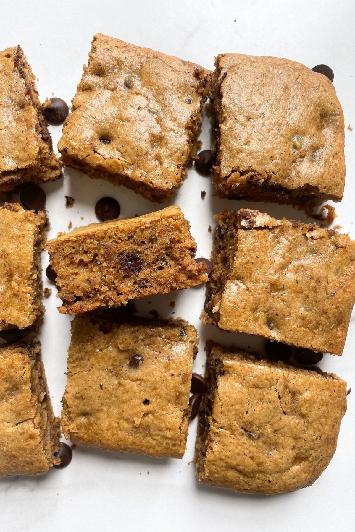 banana bread bars with chocolate chips on marble background