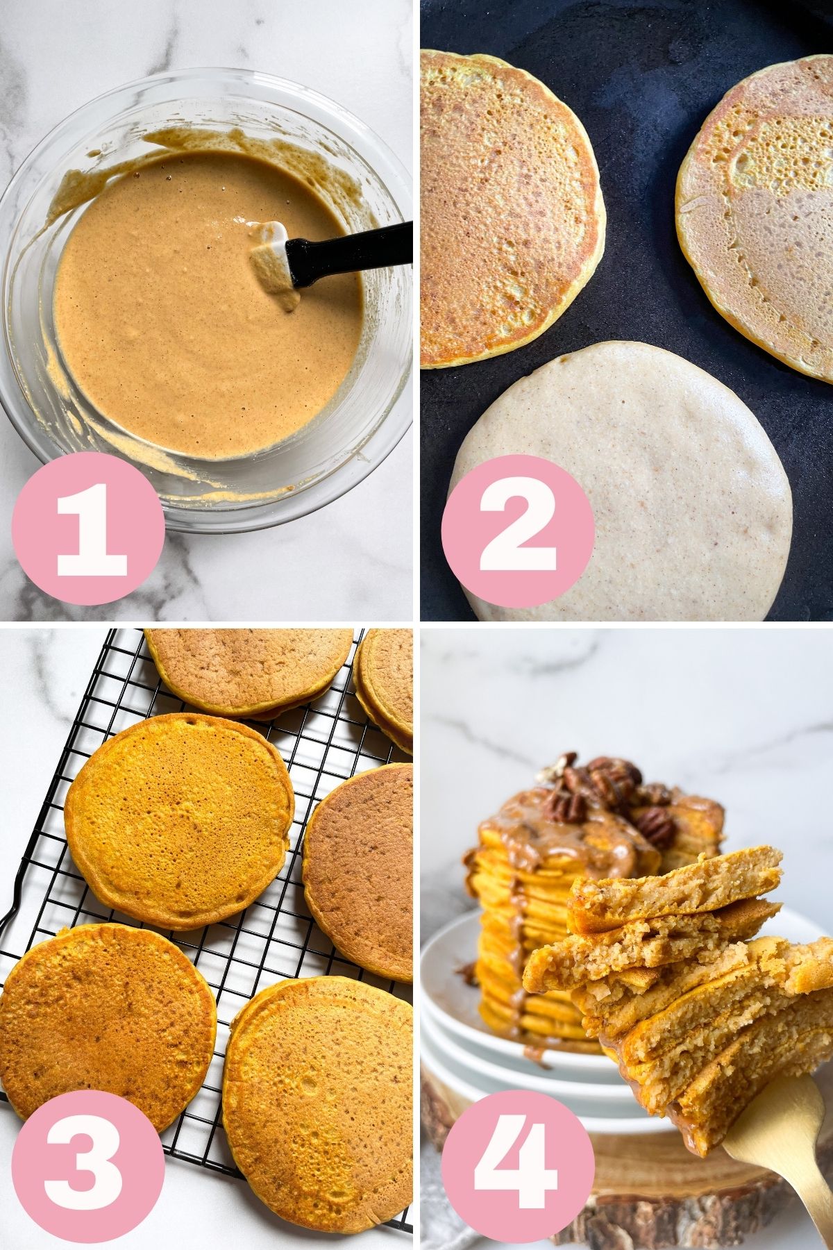 1-4 step process photo collage how to make gluten free pumpkin pancakes