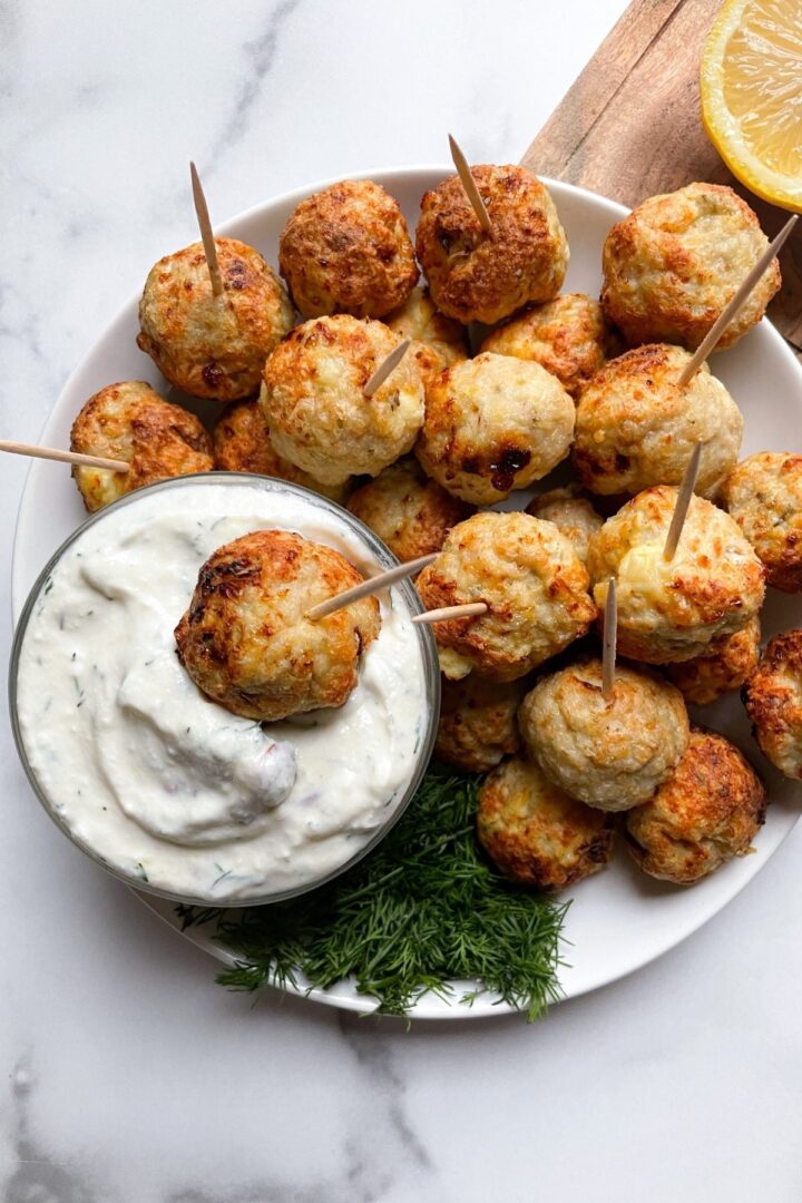 Air Fryer Greek Chicken Meatballs (with Lemon Dill Yogurt Sauce