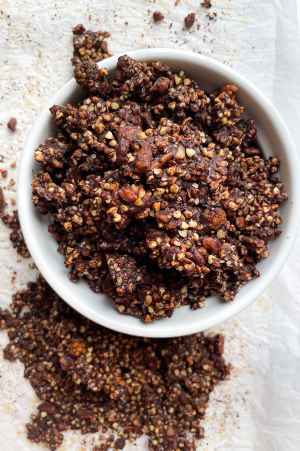 Buckwheat granola in a white bowl.
